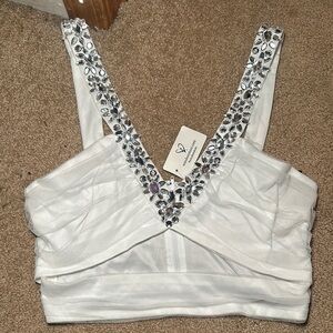 WINDSOR- White Mesh Cut Out Top with Diamond Neck Line